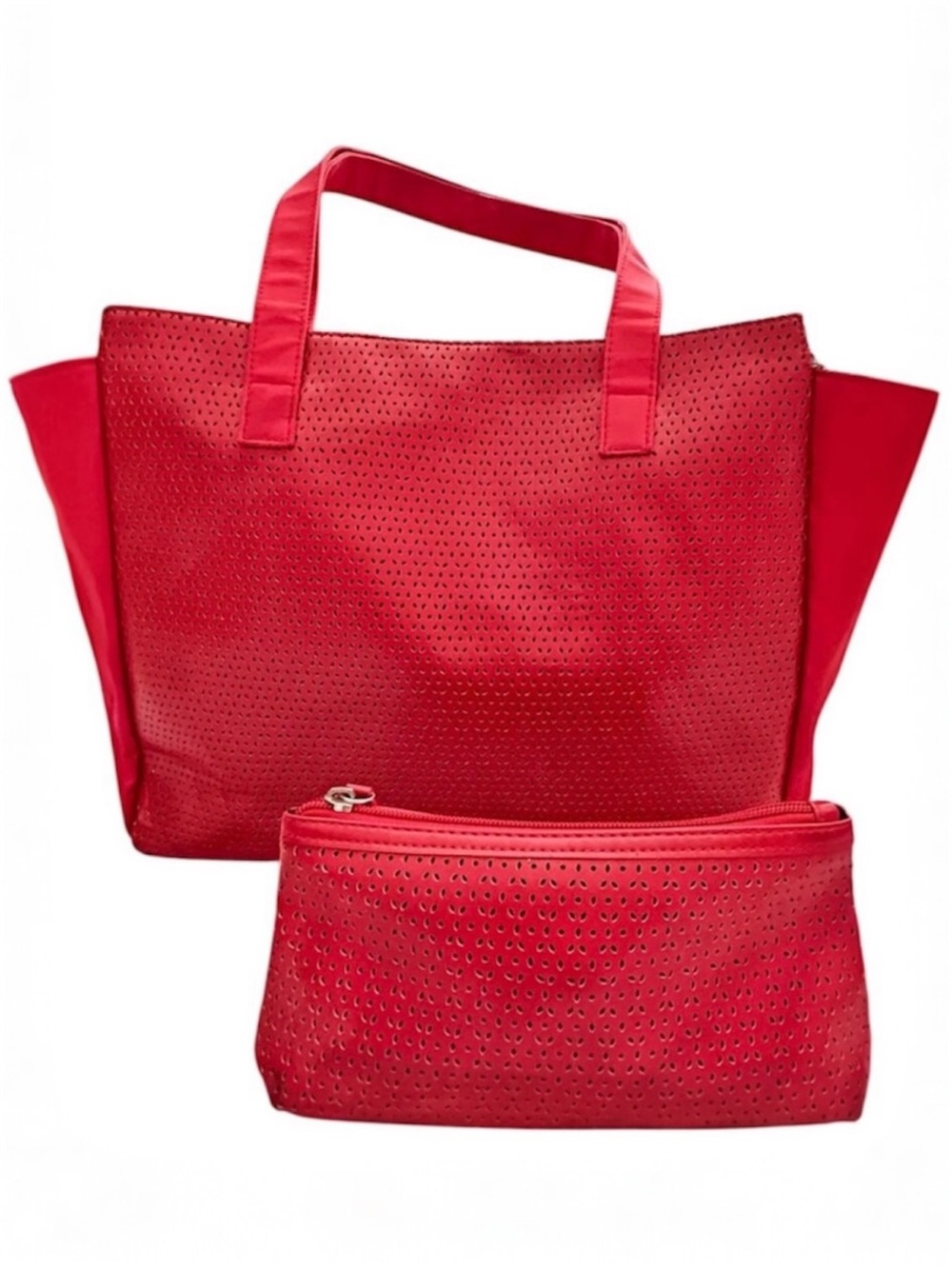 Large Red Tote Bag Set Vinyl Nylon Shoulder Bag w/ Matching Clutch